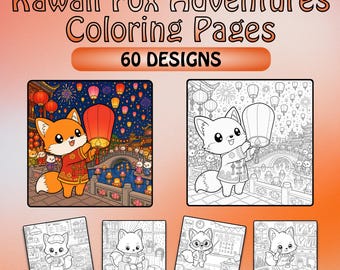60 Páginas para Colorir de Aventuras de Raposas Kawaii | Desenhos Fofos para Imprimir para Crianças | Páginas para Colorir de Animais em PDF | Download Instantâneo