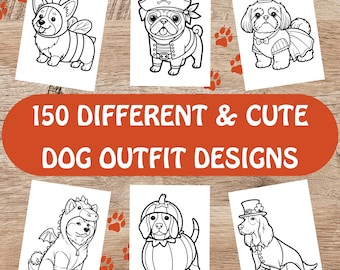 Desenhos para colorir de roupinhas de cachorro | MEGA PACOTE com 150 desenhos adoráveis de cachorros (Download digital)