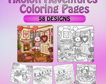 Desenhos para colorir de Aventuras de Axolote | Imprimíveis Kawaii para Crianças | 58 Desenhos de Axolotes para Colorir em PDF | Download Instantâneo