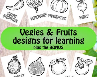 Desenhos de frutas e vegetais para colorir, fáceis e divertidos para crianças | 53 folhas para colorir com nomes | Atividade pré-escolar | Download instantâneo