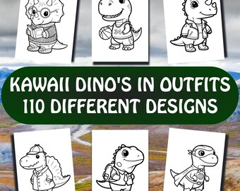 110 páginas para colorir de dinossauros kawaii com roupinhas | Desenhos de dinossauros fáceis e divertidos para crianças e adultos | Download digital em PDF