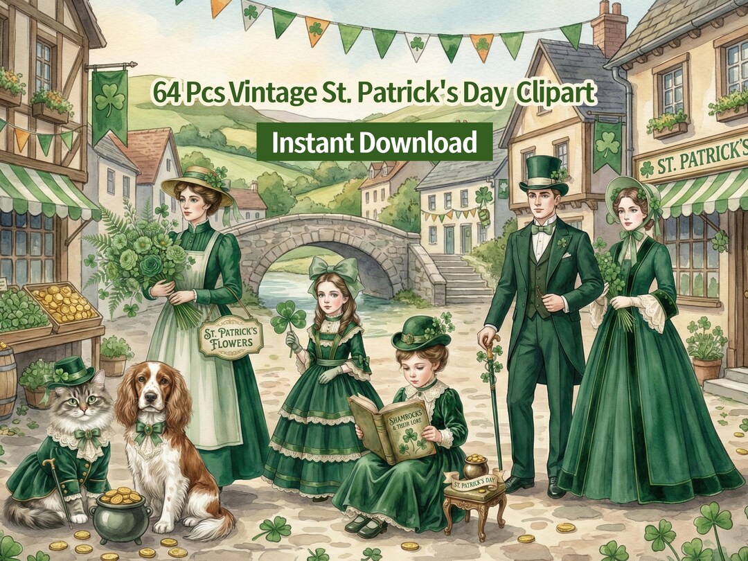 Vintage St. Patrick's Day Clipart, 64 Watercolor Irish Illustrations ...