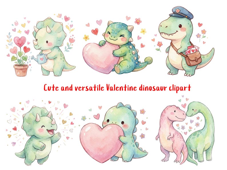 Watercolor Valentine Dinosaur Clipart – 40 PNG Graphics (digital ...