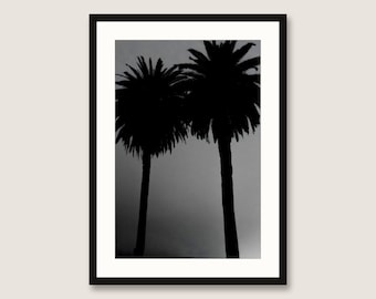 May include: A framed wall art print featuring a black and white photograph of two palm trees silhouetted against a cloudy sky. The artwork is encased in a thin black frame with a wide white mat border, creating a high contrast visual display.