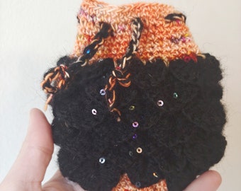 Scale Dice bag black and orange sequin pouch / crocodile stitch