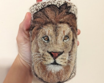 lion can cozy needle felted