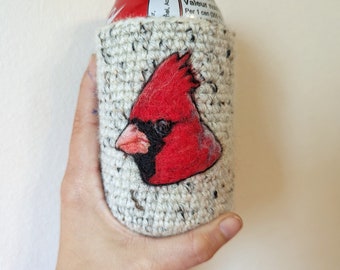 Cardinal can cozy Needle felted cooler