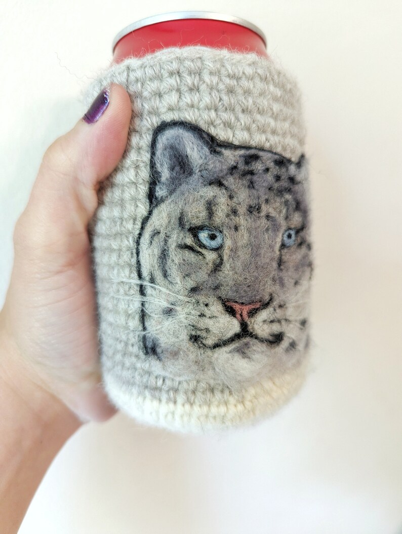 Snow leopard can cozy needle felted image 3