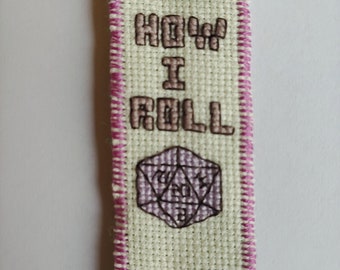 D20 roleplayer purple crit cross stitch bookmark
