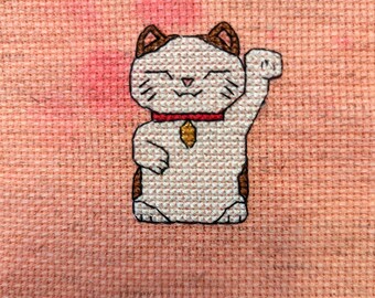 Small lucky cat cross stitch finished piece