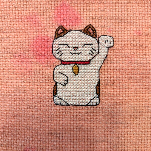 Small lucky cat cross stitch finished piece