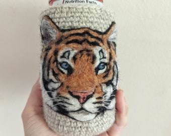 Tiger can cozy needle felted