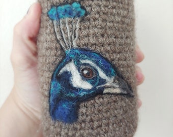 Peacock can cozy Needle felted cooler