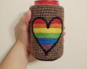 Rainbow heart needle felted can cozy