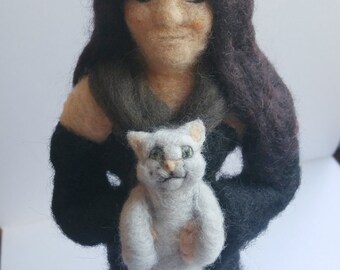 Witch with cat soft sculpture needle felted