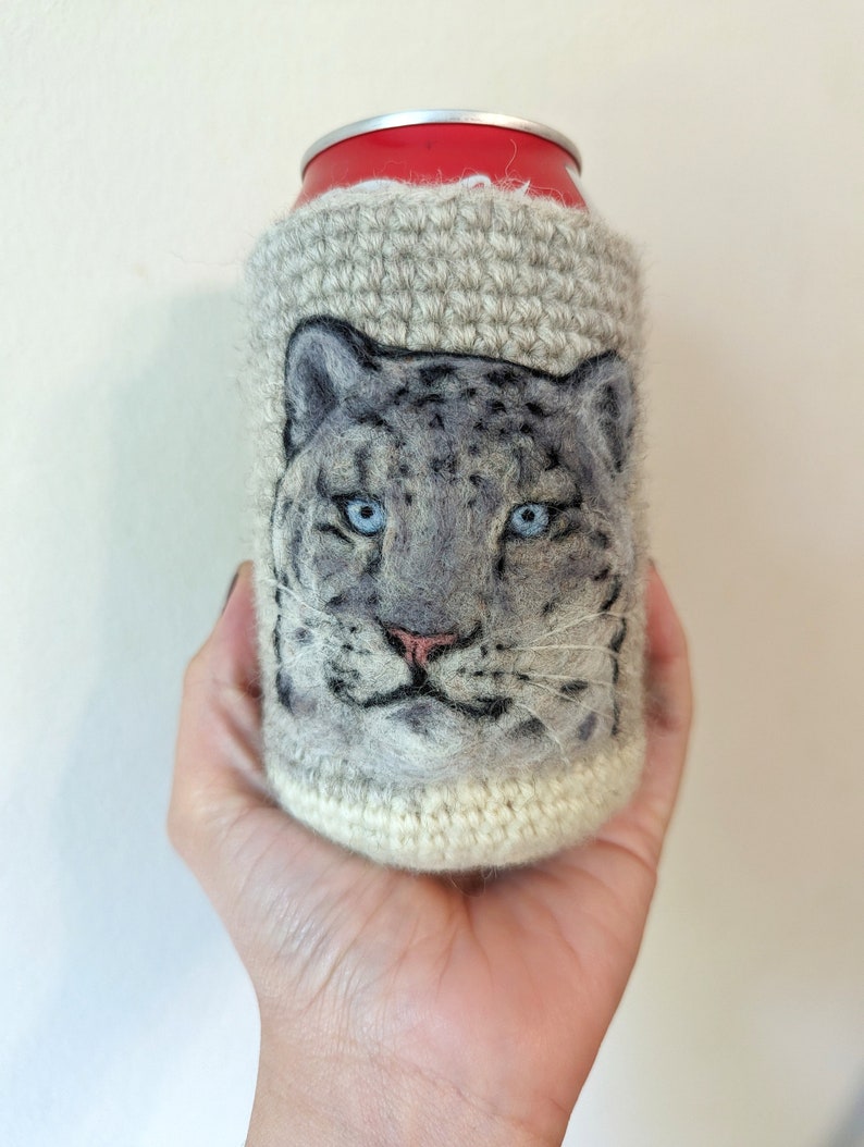 Snow leopard can cozy needle felted image 4