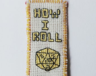 D20 roleplayer yellow crit  dice cross stitch bookmark