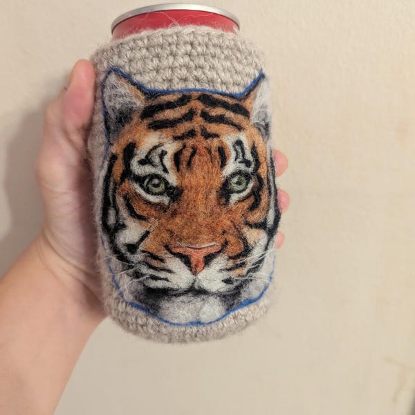 Tiger can cozy needle felted
