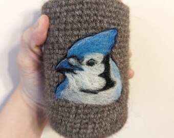 Blue Jay can cozy Needle felted cooler
