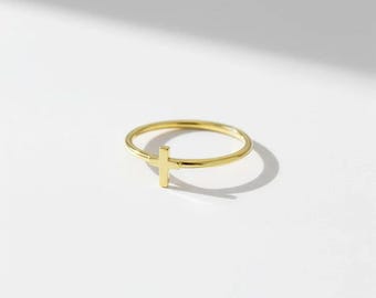 Minimalist Gold Cross Ring, Dainty Faith Stacking Band, Religious Jewelry