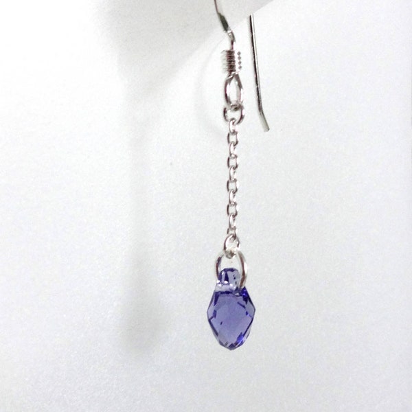 Tiny crystal and silver chain earrings in moonlight, tanzanite, or golden topaz. Gift boxed, .