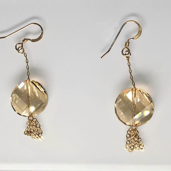Golden twisted crystal earrings with chain tassels. Ships fast in gift box.