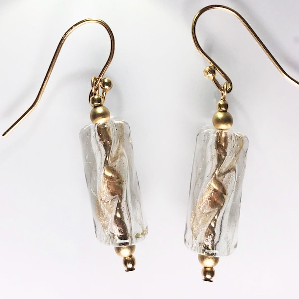 Golden twisting furnace glass tube earrings. Gold filled. Shipped free and fast.
