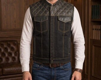 Męska czarna skórzana kamizelka pikowana, motocyklowa, dopasowana kamizelka motocyklowa, oryginalna skórzana kamizelka z jagnięcej skóry, ręcznie robiony prezent dla niego