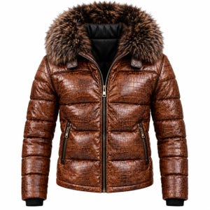 Puede incluir: Una chaqueta acolchada marrón con un patrón texturizado de piel de cocodrilo, que cuenta con una cremallera frontal completa, dos bolsillos laterales con cremallera y un cuello grande y grueso de piel sintética.