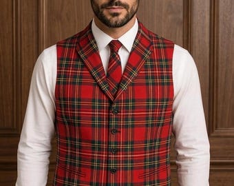 Mens Tartan Waistcoat Scottish Plaid Vest Groom Wedding Kilt Outfit Vest Collar Waistcoat 50+ Clan Tartans Custom Size Formal Highland Vest