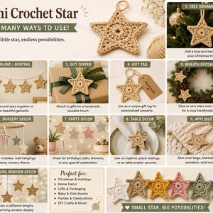 May include: A collection of small, five-pointed crochet stars in various colors including beige, yellow, pink, green, and gray. The image displays ten different ways to use these stars, such as tree ornaments, garland, gift toppers, tags, and appliques.