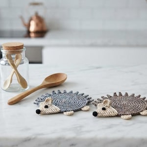 Könnte beinhalten: Zwei gehäkelte Igel-Untersetzer, einer in Grau und einer in Braun, mit beigen Gesichtern, schwarzen Nasen und kleinen Füßen. Ein durchsichtiges Glasgefäß mit Korkdeckel, das zwei kleine Holzlöffel und einen großen Holzlöffel enthält, steht daneben.