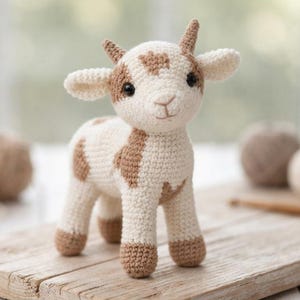 May include: A small, handmade crochet goat toy featuring cream-coloured yarn with light brown patches on its head, back, and legs. The goat has two small horns, pointed ears, and dark, round eyes, standing on four legs with brown-coloured hooves.