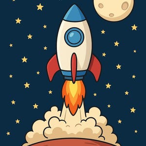Peut inclure: Illustration de dessin animé d'une fusée décollant d'une planète rouge. La fusée est blanche avec des ailettes rouges et un sommet bleu, avec des flammes et de la fumée. Le fond est un ciel bleu foncé avec des étoiles et une lune jaune.