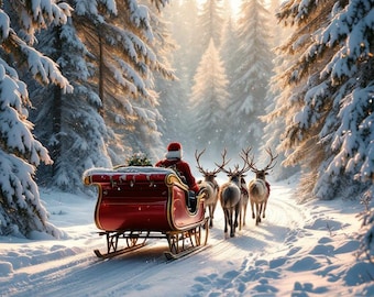 May include: A red sleigh with gold accents is pulled by reindeer through a snowy forest. A person in a red suit and hat is driving the sleigh. The scene is set in a winter wonderland with snow-covered trees and a bright sky.