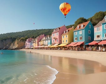 Kleurrijke puzzel dorp aan zee | Legpuzzel strand heteluchtballon