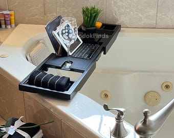 Wooden Foldable Bathtub Tray Caddy | Bathroom Caddy | Bamboo Tray | Bathroom Storage | Wine Glass Holder | Bathroom Tray | Bath Caddy Tray
