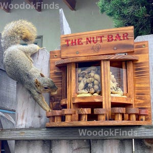 May include: A wooden squirrel feeder shaped like a bar, with the text "THE NUT BAR" in red. The feeder is filled with peanuts and has small wooden stools. A squirrel is climbing on the fence next to the feeder.