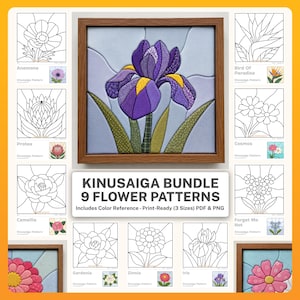 May include: A Kinusaiga bundle of 9 flower patterns featuring a central framed fabric iris in purple, yellow, and green. The collection includes print-ready PDF and PNG files with color references for anemone, protea, camellia, bird of paradise, cosmos, forget me not, gardenia, zinnia, and iris designs.