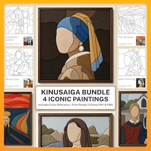 Pode incluir: Um conjunto Kinusaiga com quatro padrões de arte em tecido de pinturas icónicas. Inclui modelos de linhas para American Gothic, O Grito, Mona Lisa e Rapariga com Brinco de Pérola, com referências de cor e ficheiros PDF e PNG para imprimir.