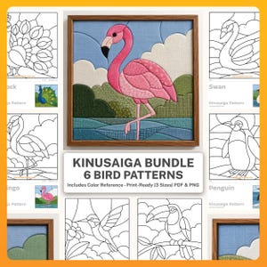 Puede incluir: Un paquete Kinusaiga de 6 patrones de aves que presenta una pieza central de arte en tela enmarcada de un flamenco rosa en un paisaje. La colección digital incluye archivos PDF y PNG listos para imprimir con referencias de color para un pavo real, cisne, flamenco, pingüino, colibrí y tucán.