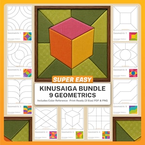 May include: A digital bundle of nine Kinusaiga geometric patterns featuring black and white line art templates, color reference squares, and a central framed image of a three-dimensional cube in pink, orange, and yellow on a green background.