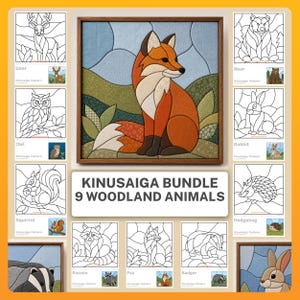 Pode incluir: Um conjunto Kinusaiga de 9 animais da floresta com uma peça de arte em tecido emoldurada de uma raposa, rodeada por padrões de linhas de veado, urso, coruja, coelho, esquilo, ouriço, guaxinim, raposa e texugo com pequenas imagens de referência.
