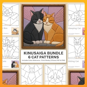 May include: A Kinusaiga bundle of 6 cat patterns featuring a central framed fabric art piece of a black and white cat sitting next to an orange cat. The bundle includes print-ready PDF and PNG files with color references in three sizes.