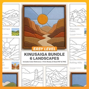 May include: A Kinusaiga bundle of 6 landscape patterns featuring a central fabric art piece with a sun, mountains, and a river in a wooden frame, surrounded by black and white line art templates labeled Terrace, Mountain Cabin, and Rolling Hills.