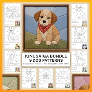 Può includere: Un pacchetto Kinusaiga di 9 modelli di cani che presenta un'opera d'arte in tessuto centrale di un cucciolo color marrone chiaro con una bandana rossa. La collezione include file PDF e PNG stampabili con riferimenti di colore per varie razze canine.