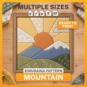 Op de afbeelding: Een Kinusaiga-patroon getiteld MOUNTAIN met een zonsopgang boven heuvels en bergen in tinten oranje, geel, blauw en groen met bloemen- en stippeltexturen. De tekst luidt MULTIPLE SIZES 6' 7' 8' 9' 10' READY TO PRINT.