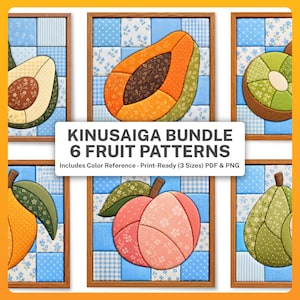 May include: A Kinusaiga bundle of 6 fruit patterns featuring fabric-covered panels with images of an avocado, papaya, kiwi, mango, peach, and pear. The text reads KINUSAIGA BUNDLE 6 FRUIT PATTERNS Includes Color Reference - Print-Ready (3 Sizes) PDF & PNG.