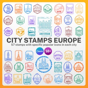 Può includere: Una collezione di timbri colorati di varie forme con illustrazioni a linee di monumenti di città europee. Il testo recita CITY STAMPS EUROPE 57 stamps with specific popular icons in each city. I timbri includono nomi come Amsterdam, Barcellona, Londra e Parigi.