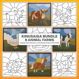 Bundel met Kinusaiga-dierenpatronen, 9 Japanse textielkunstsjablonen (PDF PNG)
